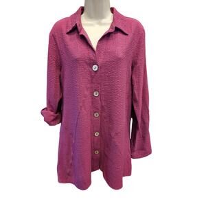 Soft surroundings M purple guaze seersucker button up tunic roll tab sleeve EUC